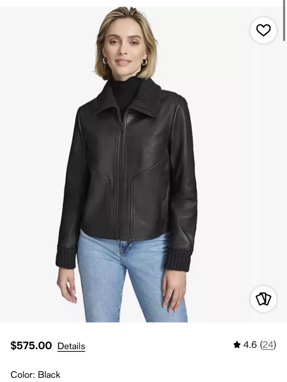 Andrew Marc Black Label Beatrix Rib-Knit Trimmed Leather Jacket size medium